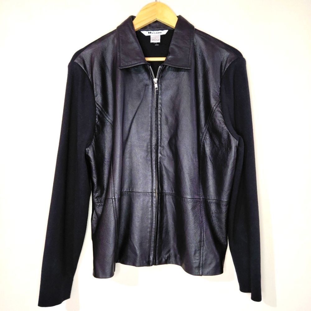 Peter Nygard Black Large Leather Jacket With Fabric Sleeves Back